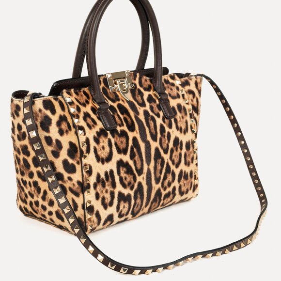 Valentino Brown Leopard Calf Hair Golden Rockstud Double Handle Tote - Picture 6 of 15